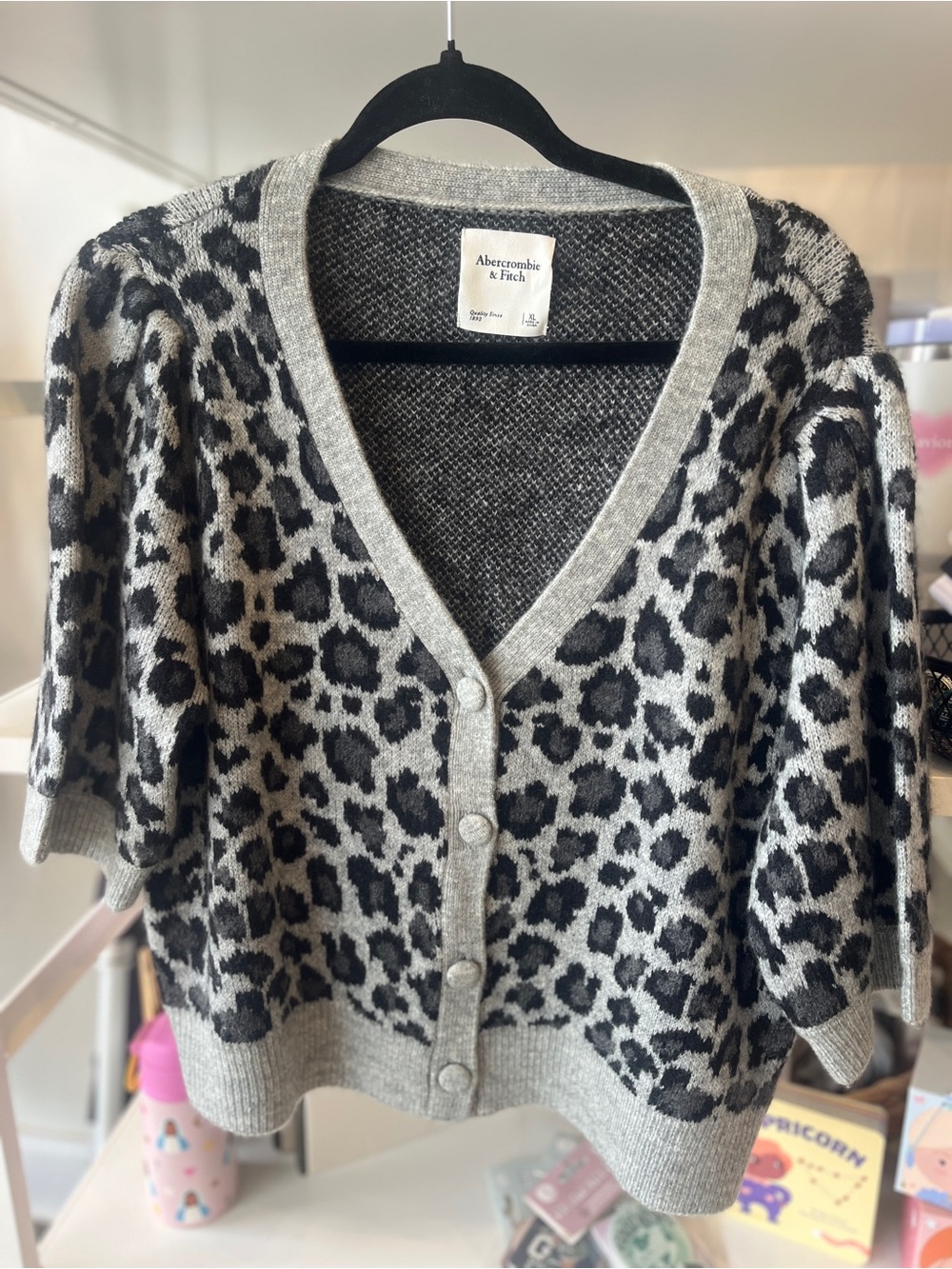Abercrombie & Fitch Gray and Black Leopard-Print V-Neck Button Cardigan